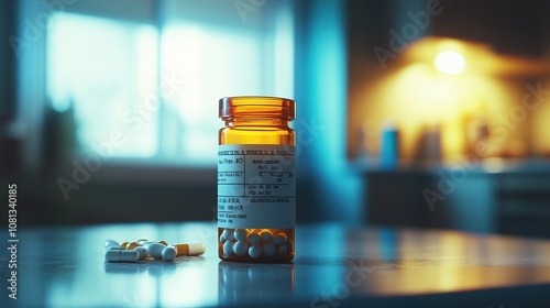 Close-up of a Prescription Bottle with Pills on a Table