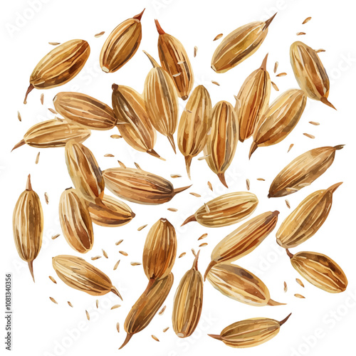 A watercolor drawing of a set of cumin seeds, isolated on a white background. Cumin seeds vector.