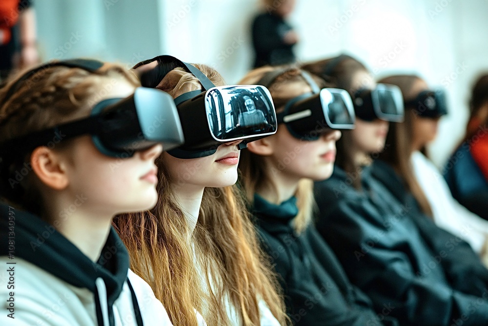 Students wearing vr headsets experiencing virtual reality in the classroom Students wearing vr headsets experiencing virtual reality in the classroom