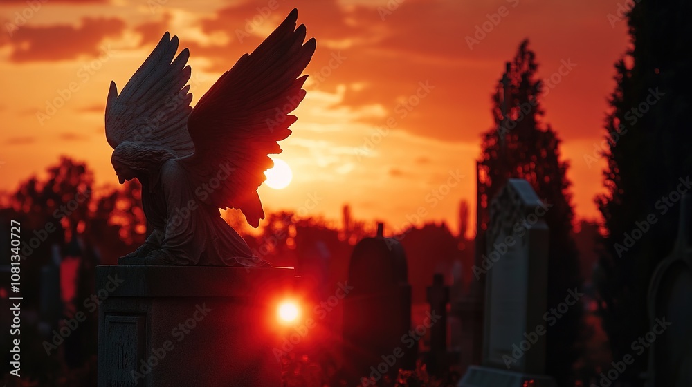 Obraz premium A somber cemetery at dusk, featuring winged angels weeping silently over gravestones, with a dramatic red sunset painting the sky in shades of orange and crimson. 