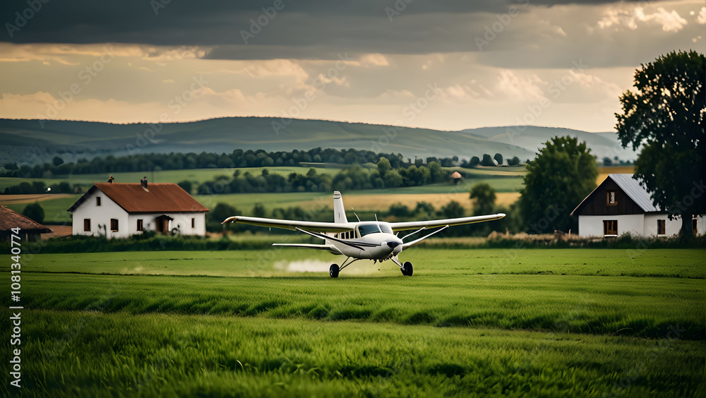 Small airplane landing on grass field, countryside backdrop, rural houses nearby. Small airplane landing on grass field, countryside backdrop, rural houses nearby.