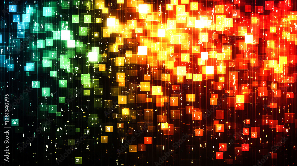 Abstract colorful square background with glowing lights.