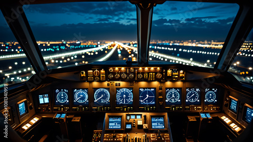 Airplane cockpit at night, instruments glowing softly, city lights visible below.
