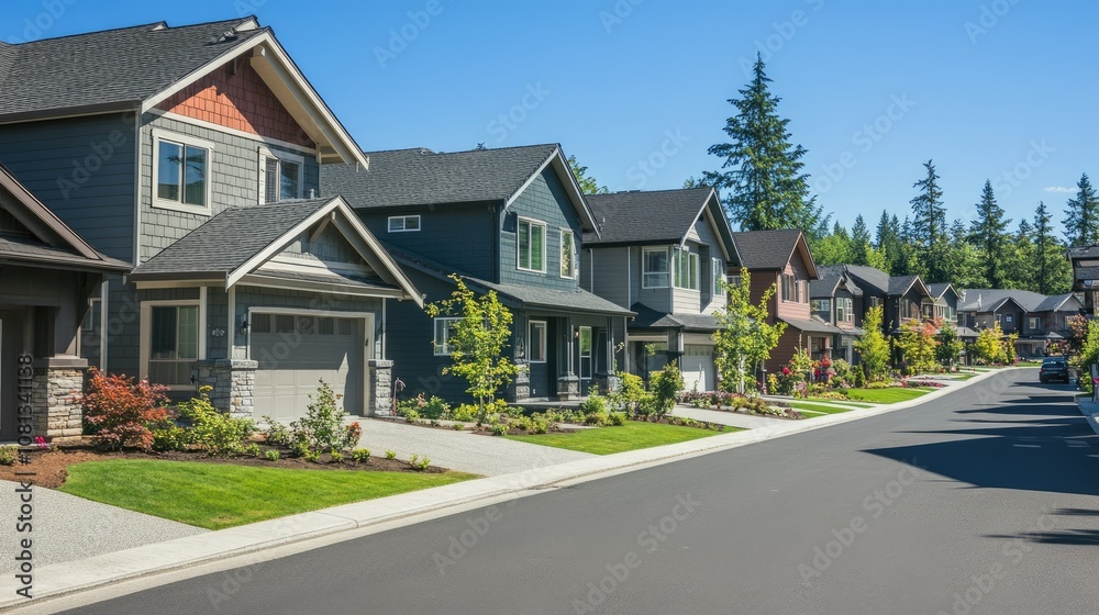 Quiet Suburban Street with Modern Houses Quiet Suburban Street with Modern Houses