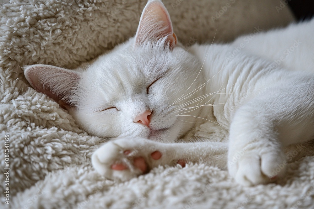 Obraz premium Sleeping White Cat on Fuzzy Blanket Adorable Pet Naptime Cute Animal Resting