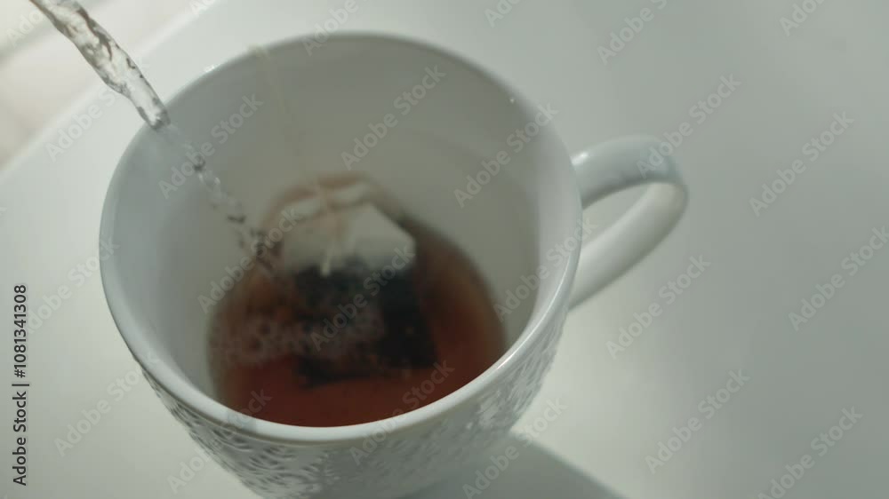 Pouring hot water in cup with tea bags 