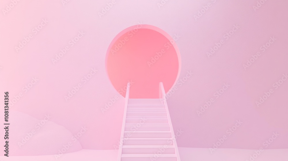 A serene staircase leading to a circular pink portal. A serene staircase leading to a circular pink portal.