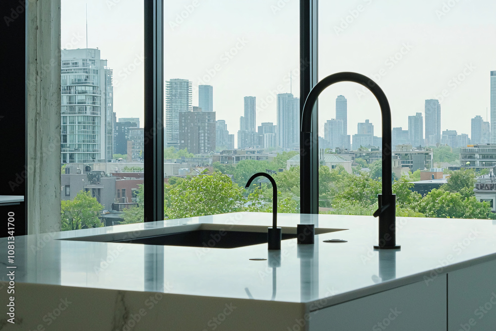 Fototapeta premium minimalist kitchen with floor-to-ceiling windows