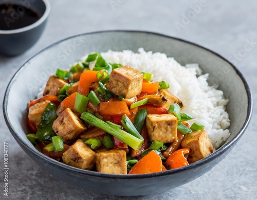 Spicy Tofu Stir-Fry with Bell Peppers, Carrots, and Green Onions, Tossed in a Soy-Ginger Sauce, Served with Steamed Rice in a Bowl