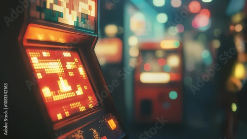 Retro arcade machine with glowing pixelated screen in dimly lit gaming room
