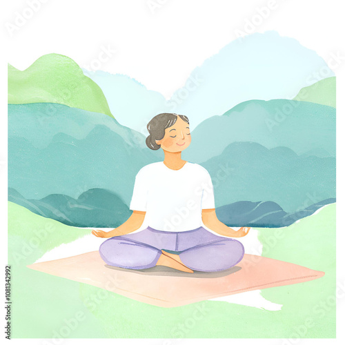A character meditating in a peaceful setting, sitting cross-legged on a yoga mat, with a serene natural background, and a gentle smile, in a minimalist style