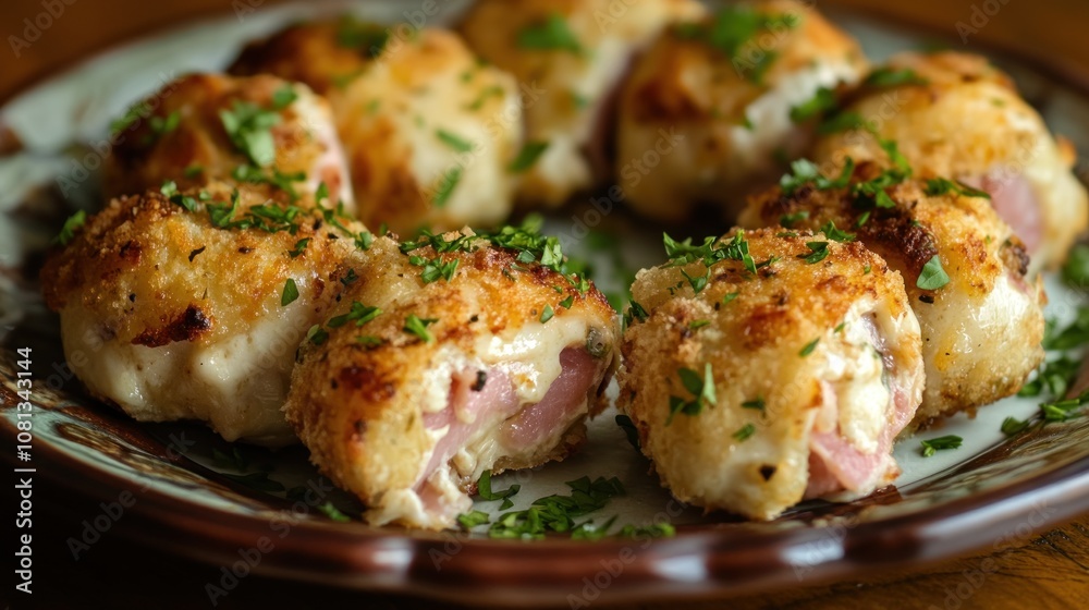 Chicken cordon bleu bites arranged on a plate, golden brown, garnished with fresh herbs Chicken cordon bleu bites arranged on a plate, golden brown, garnished with fresh herbs