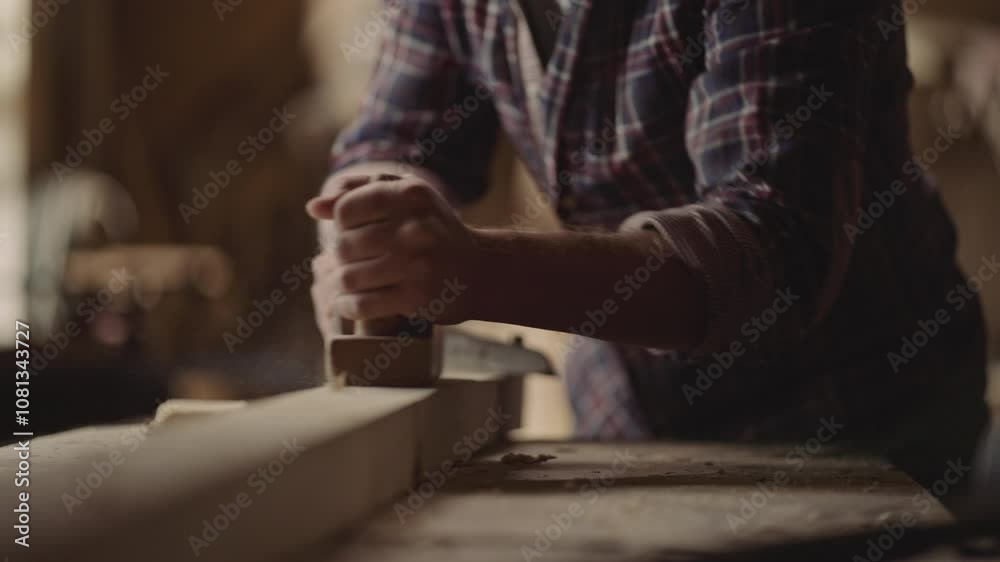 Young carpenter man using spokeshave to decorate the woodwork. Slow-motion footage