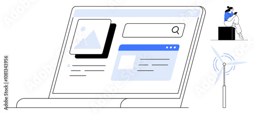 Laptop shows content management screen, person engaged on smartphone nearby, wind turbine illustrating renewable energy. Ideal for digital marketing, content management, remote work, renewable