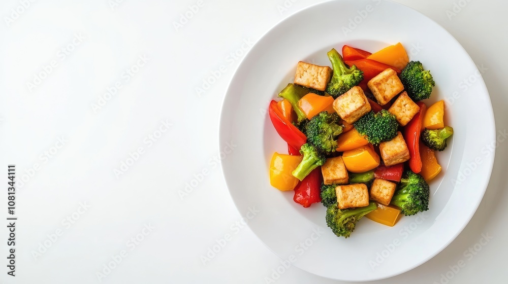 Colorful Stir-Fried Vegetables with Tofu on White Plate Featuring Bright Peppers, Broccoli, and Tofu Cubes Ideal for Healthy Eating and Culinary Inspiration Colorful Stir-Fried Vegetables with Tofu on White Plate Featuring Bright Peppers, Broccoli, and Tofu Cubes Ideal for Healthy Eating and Culinary Inspiration