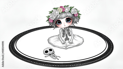 Enchanting Elegance: Big-Eyed Girl with Floral Wreath and Skeleton Motif on a White Mirror Floor