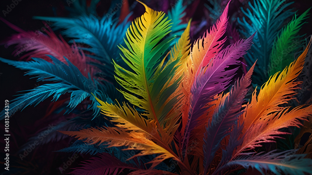 Soft neon dust swirling around metallic, feathered leaves. Background Soft neon dust swirling around metallic, feathered leaves. Background