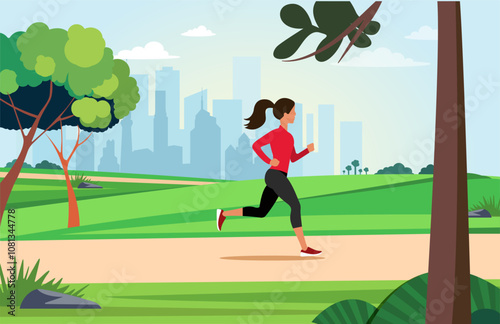 Fitness girl running in a city park. Active and healthy lifestyle in urban environments. Outdoor leisure. Vector eps file photo