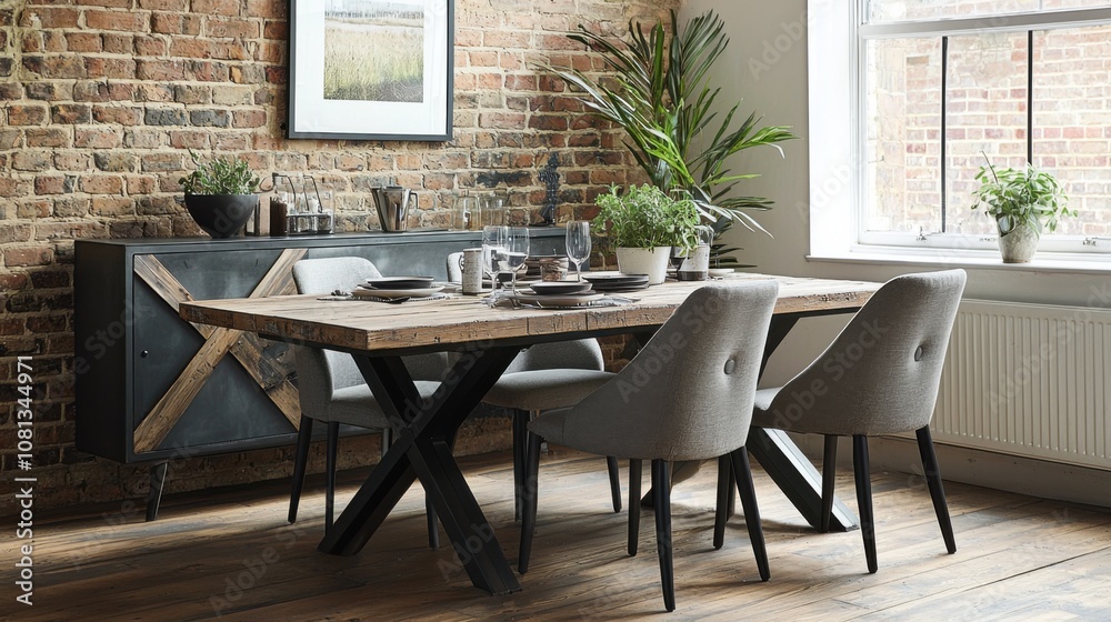 Obraz premium Modern Dining Room with Rustic Brick Wall