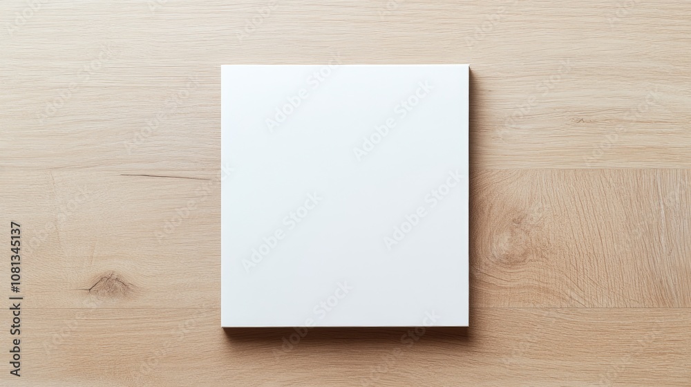 Blank white square canvas on wooden surface ideal for artistic creations or design projects showcasing creativity and minimalism in a modern environment