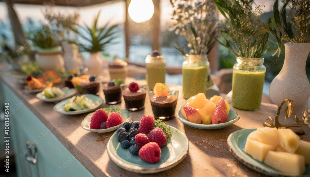 Artisan Dessert Bar With a Selection of Vegan, Gluten-Free, and Paleo Sweets, Freshly Cut Fruits, and Herbal Garnishes for a Luxurious and Healthy Dining Experience