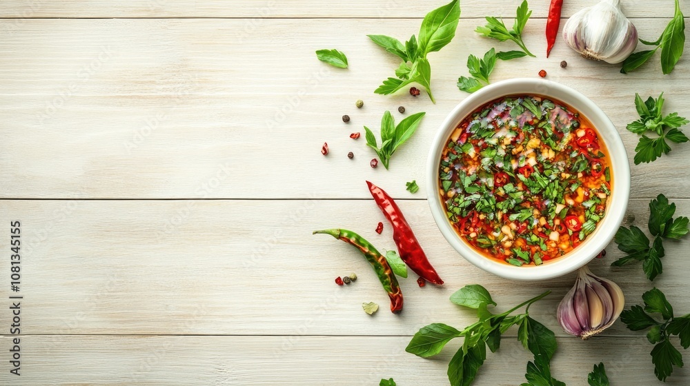 Freshly Made Spicy Herb Sauce with Red Chili Peppers and Garlic on Wooden Table Surrounded by Green Herbs and Spices for Culinary Use and Gourmet Cooking Freshly Made Spicy Herb Sauce with Red Chili Peppers and Garlic on Wooden Table Surrounded by Green Herbs and Spices for Culinary Use and Gourmet Cooking