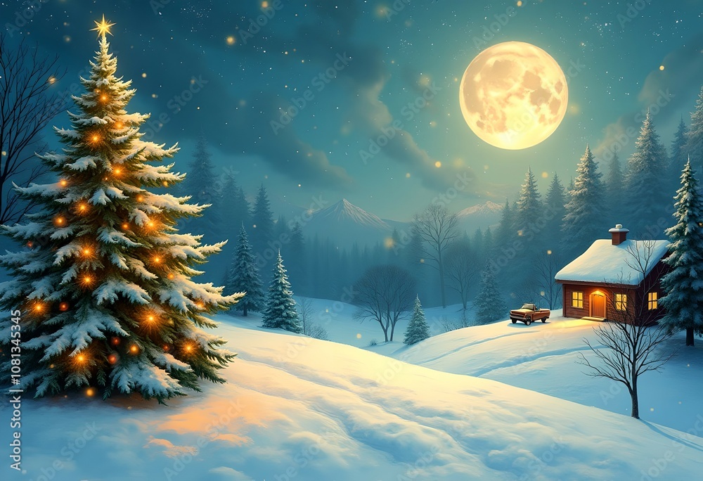 Naklejka premium winter landscape with christmas tree