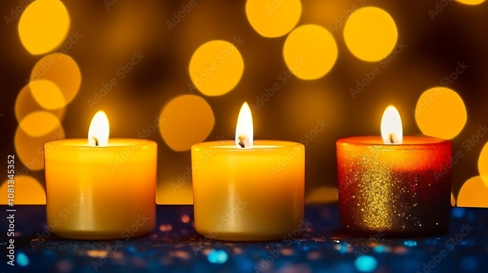 Three Burning Candles with Golden Bokeh Lights Three Burning Candles with Golden Bokeh Lights