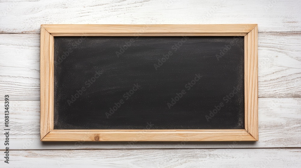 Empty chalkboard framed in natural wood, ready for messages and creative ideas, against a rustic white wooden backdrop, ideal for educational or artistic concepts Empty chalkboard framed in natural wood, ready for messages and creative ideas, against a rustic white wooden backdrop, ideal for educational or artistic concepts
