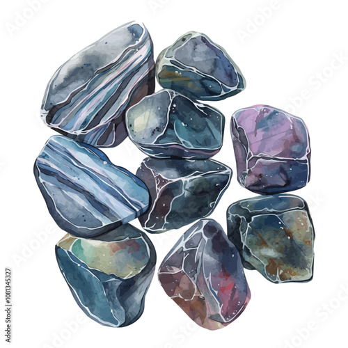 A watercolor of a set of diorite stones, isolated on a white background. Diorite stones vector.