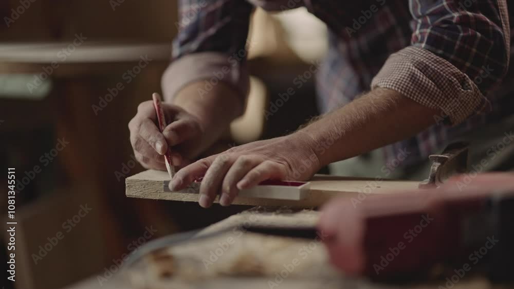Close-up hands of a expert carpenter taking measurement of a wooden plank with a ruler and pencil and cutting on the workbench Close-up hands of a expert carpenter taking measurement of a wooden plank with a ruler and pencil and cutting on the workbench