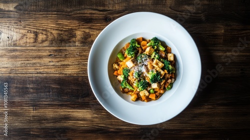 Colorful Vegetable Medley with Broccoli, Carrots, and Tofu on a Rustic Wooden Table, Perfect for Healthy Eating and Plant-Based Cuisine Photography photo