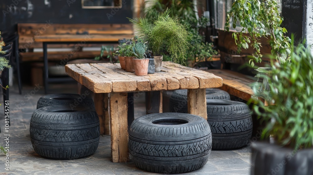 Rustic Table with Tire Seats in Greenery-Filled Space Rustic Table with Tire Seats in Greenery-Filled Space