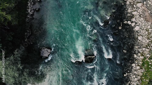 rone flight over river with strong current