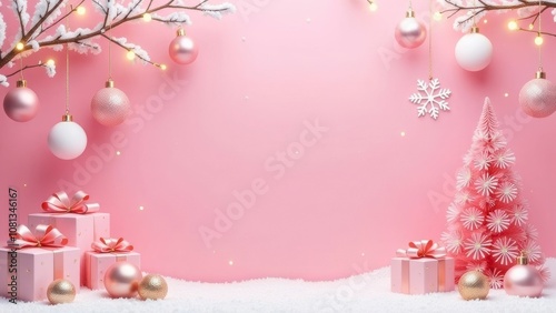 pink Christmas-themed scene with elegant holiday decorations on soft pink background, copy space, Christmas tree baubles gift boxes holiday lights. advertisements, holiday sales or promotion concept.