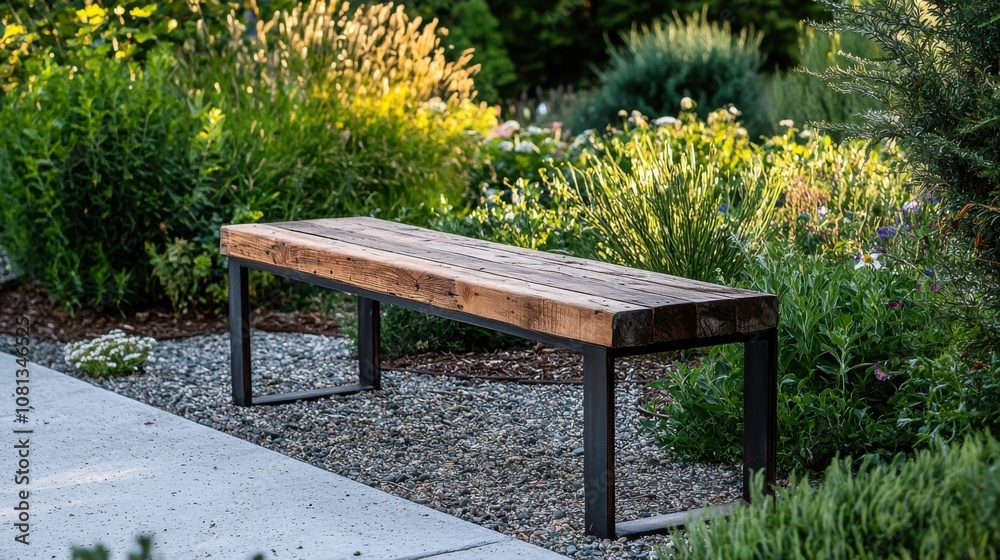 Rustic Wooden Bench in Serene Garden Setting Rustic Wooden Bench in Serene Garden Setting