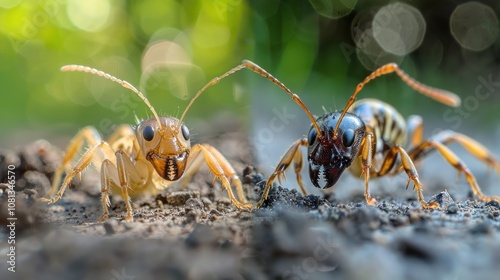 A close-up of two ants, one yellow and one black, facing each other on a dirt path.