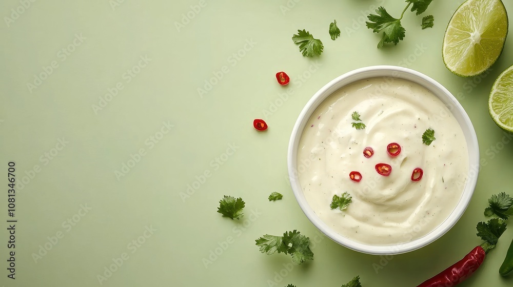 Fresh and Creamy Herb Dip with Chili and Lime Garnished with Green Cilantro on a Light Green Background Perfect for Culinary or Recipe Inspiration Fresh and Creamy Herb Dip with Chili and Lime Garnished with Green Cilantro on a Light Green Background Perfect for Culinary or Recipe Inspiration