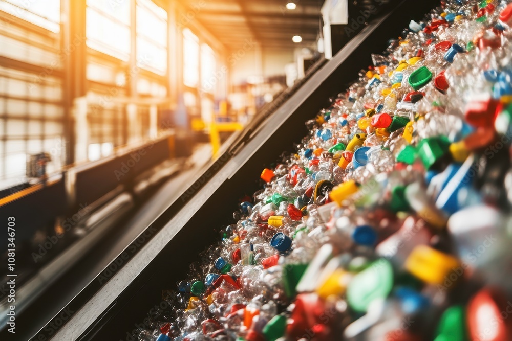 Brightly Colored Plastic Caps and Bottles Pile Up in a Modern Recycling Facility Highlighting the Importance of Waste Management and Sustainable Practices Brightly Colored Plastic Caps and Bottles Pile Up in a Modern Recycling Facility Highlighting the Importance of Waste Management and Sustainable Practices