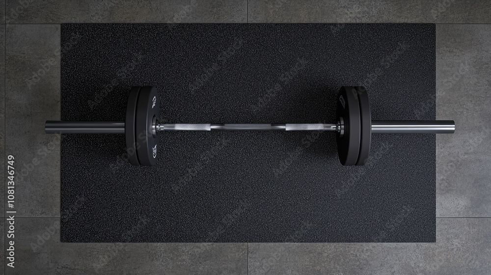 High-Quality View of a Barbell with Weights on a Textured Gym Mat, Perfect for Fitness Enthusiasts and Strength Training Promotional Content High-Quality View of a Barbell with Weights on a Textured Gym Mat, Perfect for Fitness Enthusiasts and Strength Training Promotional Content