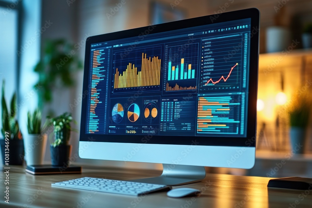 A computer monitor displays data charts and graphs, a keyboard and a mouse are on a desk. A computer monitor displays data charts and graphs, a keyboard and a mouse are on a desk.
