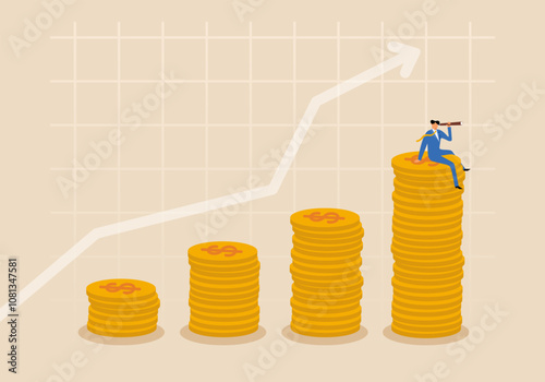 Increase investment profit, growing income or wealth, growth chart diagram. Businessman with a telescope looking for the future investments 