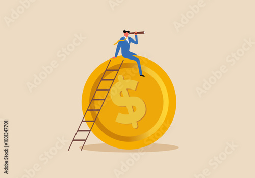 Economy forecast or vision, world financial or economics recession ahead, look to see future concept, businessman investor climb up ladder on a dollar coin look on telescope for clear vision.