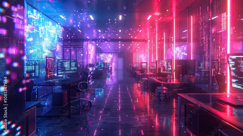 Obraz premium Vibrant neon lit futuristic gaming room with glowing screens and colorful bokeh, concept for esports tournament, gaming event promotion and virtual reality experience