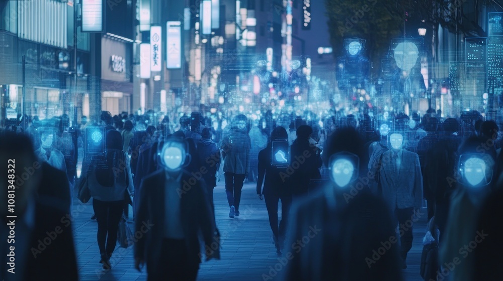 Crowded urban street with digitally enhanced faces. Crowded urban street with digitally enhanced faces.