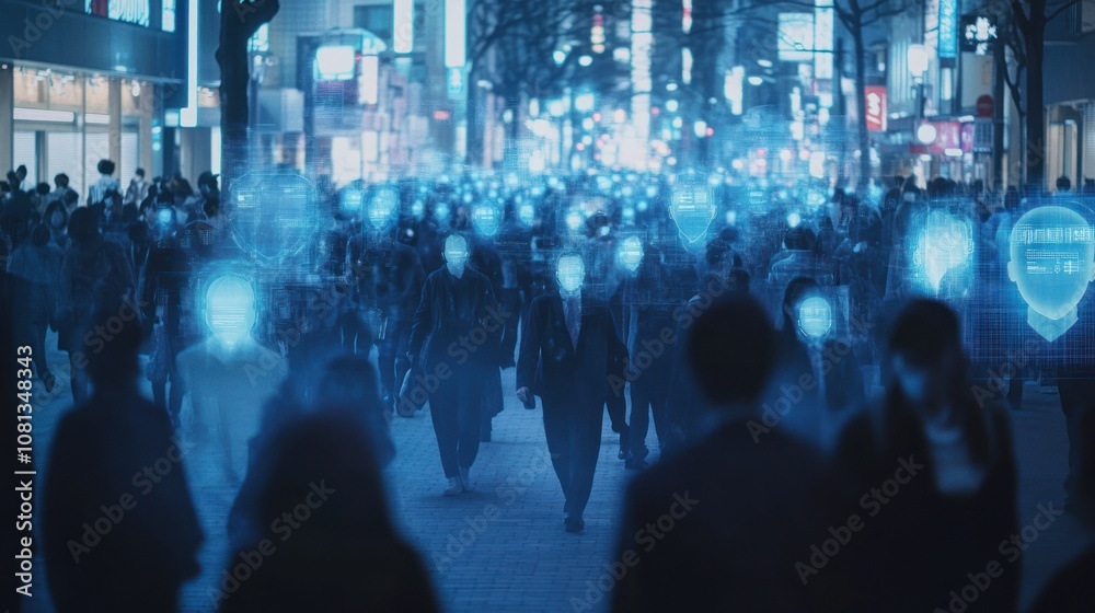 Crowd scene with digital faces representing technology. Crowd scene with digital faces representing technology.