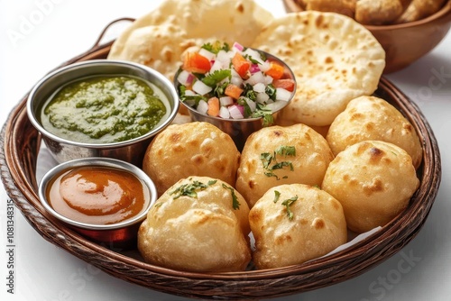 Delicious Indian Snack Platter Featuring Fluffy Puri, Tangy Chutneys, Fresh Salad, and Crispy Papad, Perfect for a Festive Gathering or Casual Meal