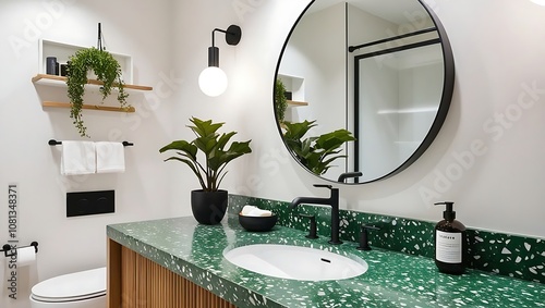 bathroom, vanity, sink, mirror, round mirror, black frame, countertop, terrazzo, green, plants, greenery, minimalist, modern, contemporary, stylish, chic, clean, fresh, serene, peaceful, spa-like, rel photo