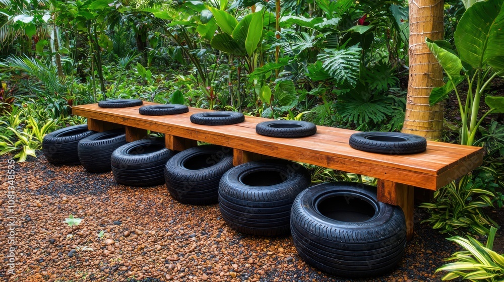 Unique Tire Bench Surrounded by Lush Greenery Unique Tire Bench Surrounded by Lush Greenery