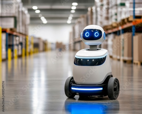 Wallpaper Mural Friendly robot assistant navigating through a modern warehouse environment with shelves in the background. Torontodigital.ca
